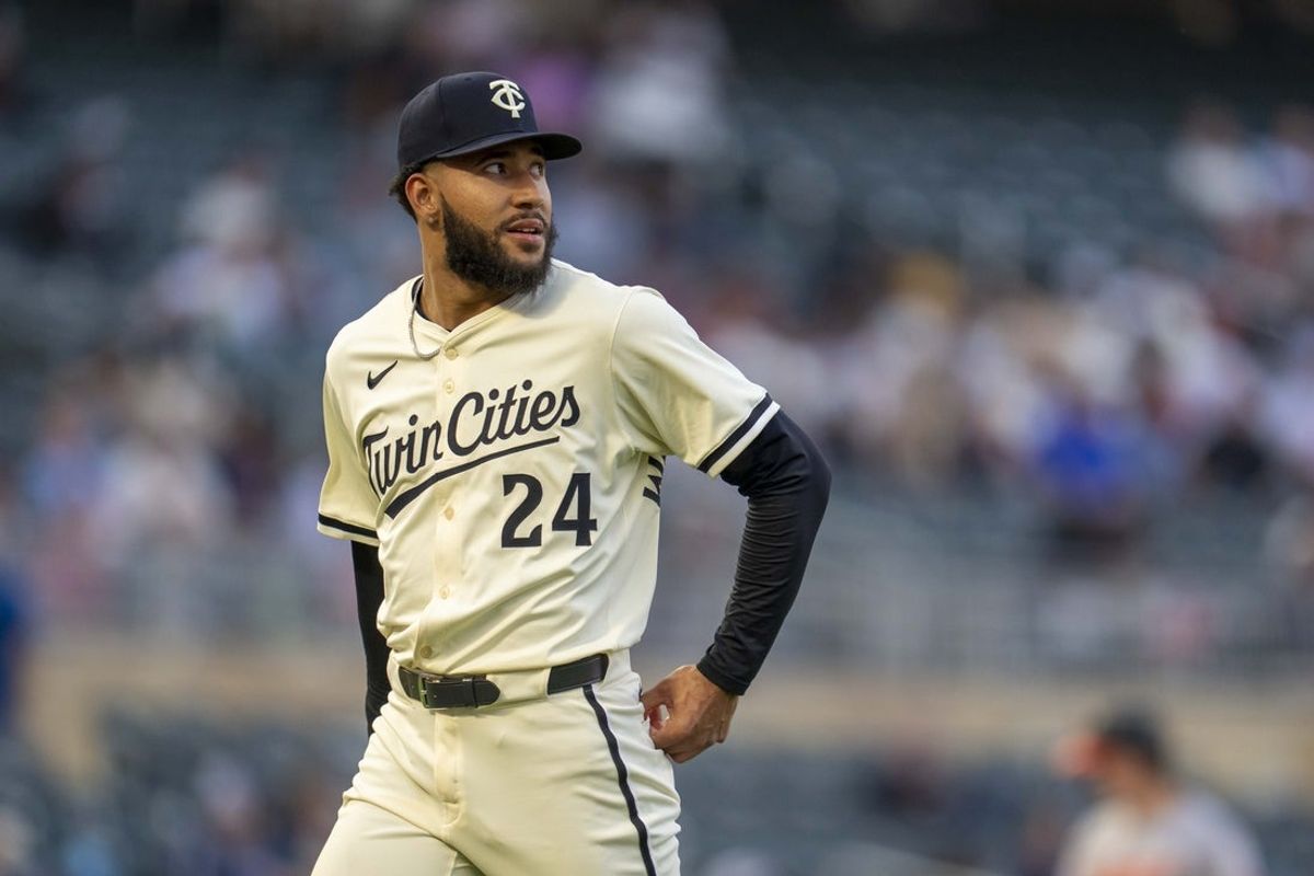 May 7, 2025; Minneapolis, Minnesota, USA; Minnesota Twins starting pitcher Simeon Woods Richardson (24) walks off the field after getting pulled from the game against the Baltimore Orioles in the fifth inning at Target Field. Mandatory Credit: Jesse Johnson-Imagn Images