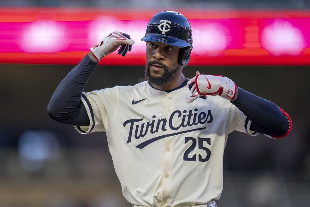May 7, 2025; Minneapolis, Minnesota, USA; Minnesota Twins center fielder Byron Buxton (25) celebrates hitting a single against the Baltimore Orioles in the fifth inning at Target Field. Mandatory Credit: Jesse Johnson-Imagn Images