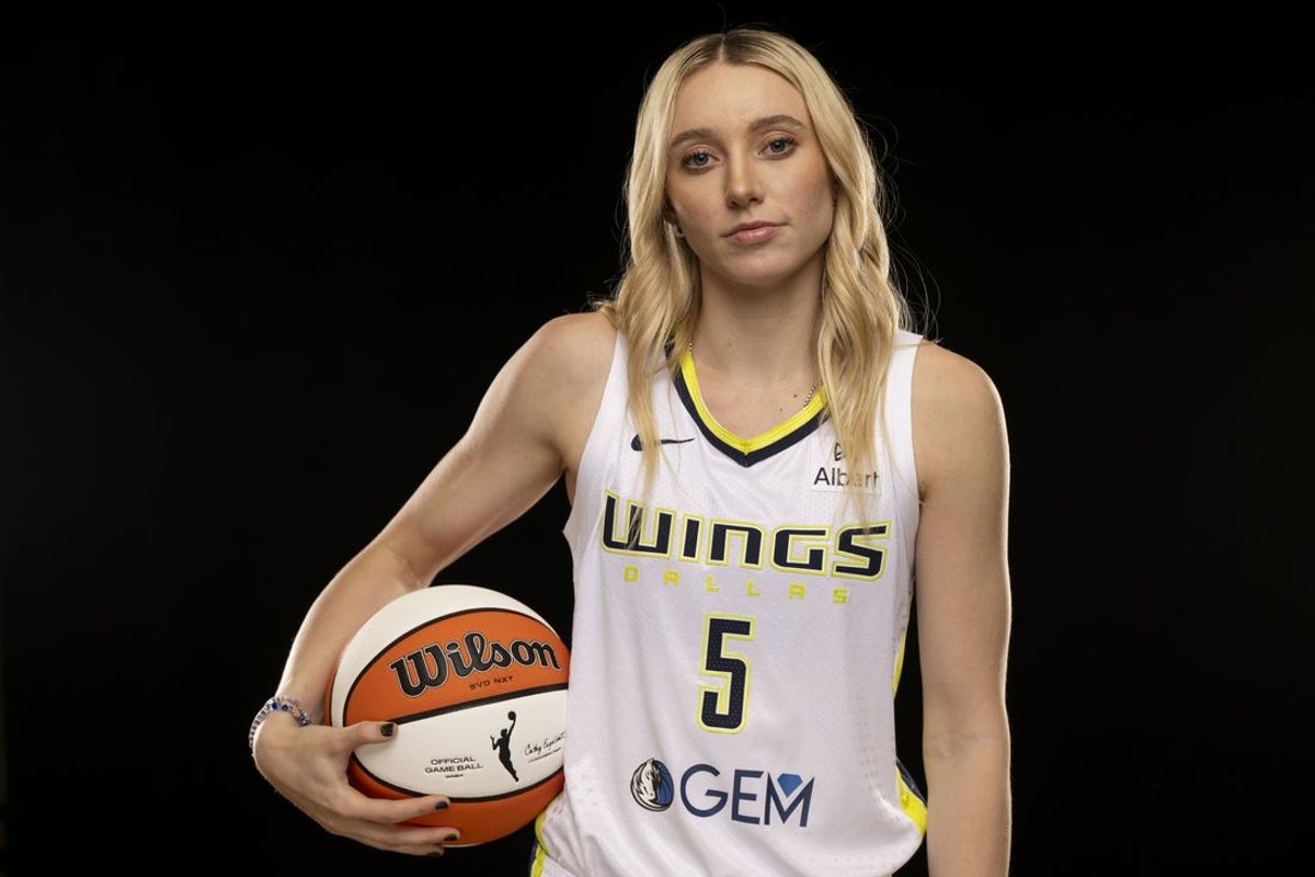 May 7, 2025; Arlington, TX, USA; Dallas Wings guard Paige Bueckers poses for a photo during the 2025 Dallas Wings Media Day. Mandatory Credit: Jerome Miron-Imagn Images