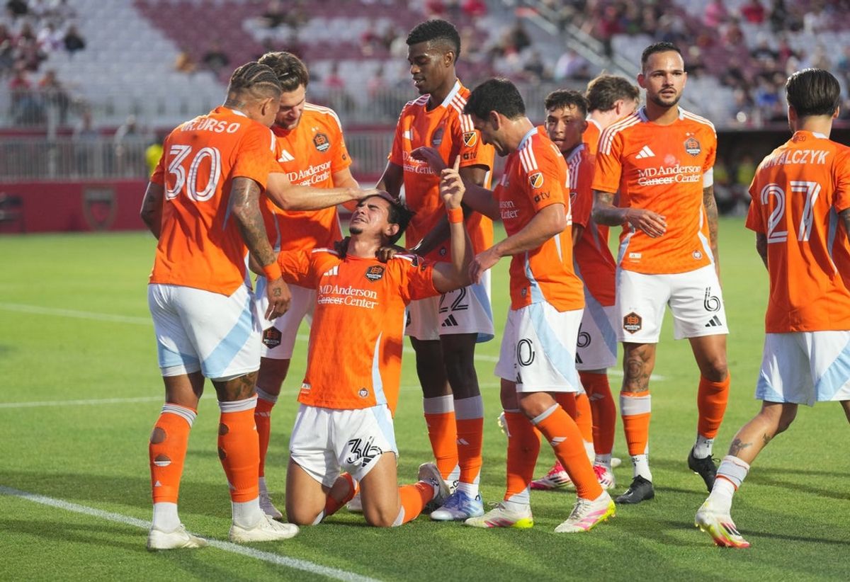 May 7, 2025; Phoenix, Arizona, USA; Houston Dynamo defender Felipe Andrade (36) celebrates a goal against Phoenix Rising during the first half at Phoenix Rising Soccer Stadium. Mandatory Credit: Joe Camporeale-Imagn Images