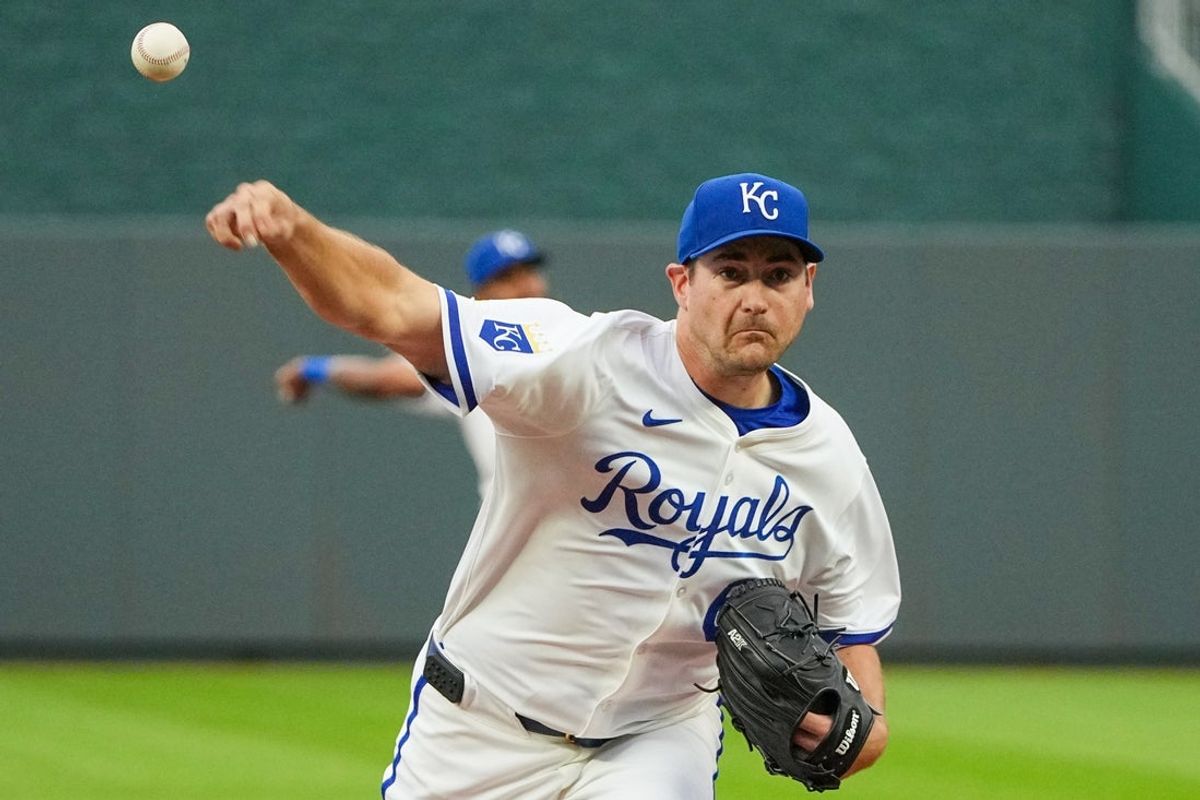 May 6, 2025; Kansas City, Missouri, USA; Kansas City Royals starting pitcher Seth Lugo (67) throws a warm up pitch against the Chicago White Sox during the game at Kauffman Stadium. Mandatory Credit: Denny Medley-Imagn Images