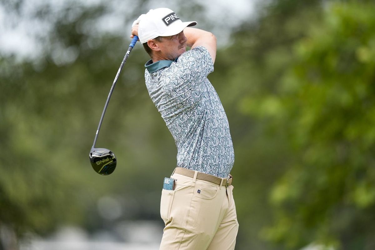 May 8, 2025; Myrtle Beach, South Carolina, USA; Mackenzie Hughes hits his tee shot on 11 during the first round of the Myrtle Beach Classic golf tournament. Mandatory Credit: Jim Dedmon-Imagn Images