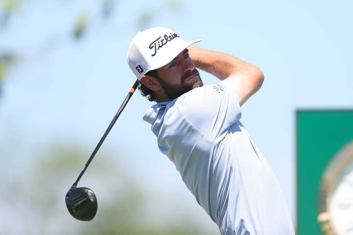 May 8, 2025; Philadelphia, Pennsylvania, USA; Cameron Young plays his shot from the first tee during the first round of the Truist Championship golf tournament. Mandatory Credit: Bill Streicher-Imagn Images