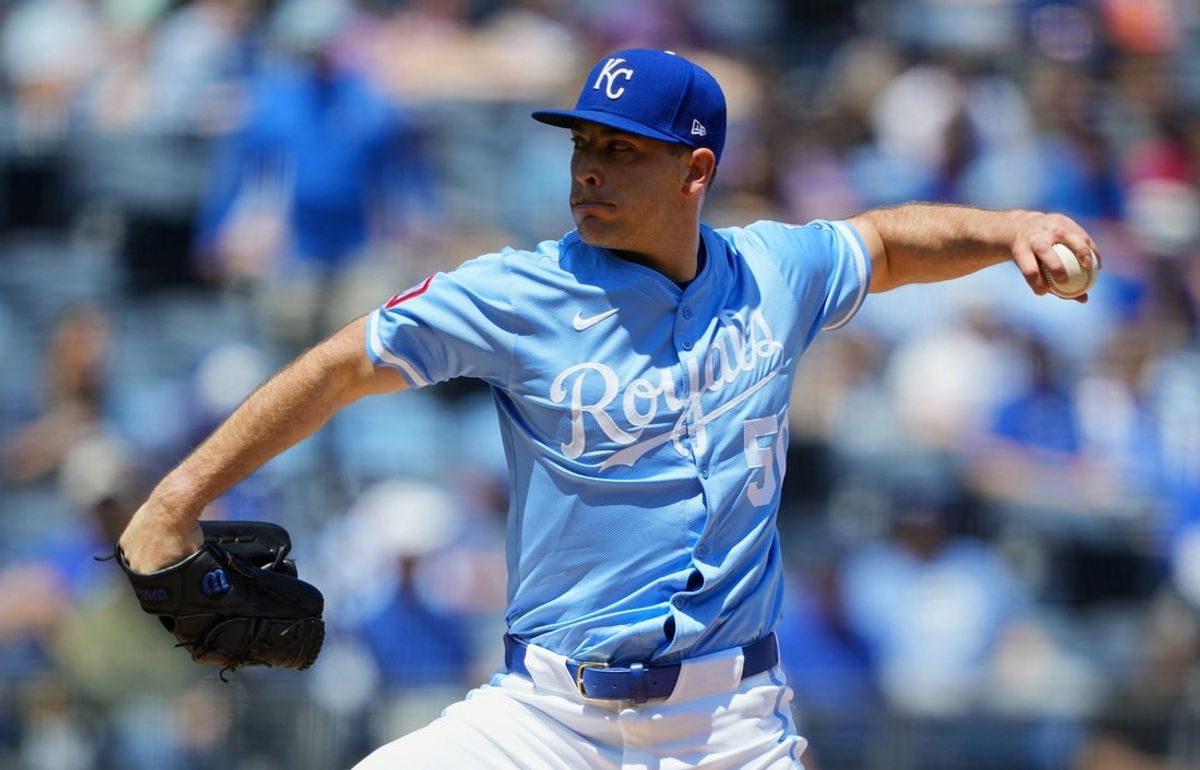 May 8, 2025; Kansas City, Missouri, USA; Kansas City Royals starting pitcher Kris Bubic (50) pitches during the first inning against the Chicago White Sox at Kauffman Stadium. Mandatory Credit: Jay Biggerstaff-Imagn Images