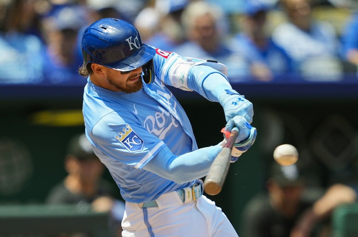 May 8, 2025; Kansas City, Missouri, USA; Kansas City Royals shortstop Bobby Witt Jr. (7) hits a single during the third inning against the Chicago White Sox at Kauffman Stadium. Mandatory Credit: Jay Biggerstaff-Imagn Images