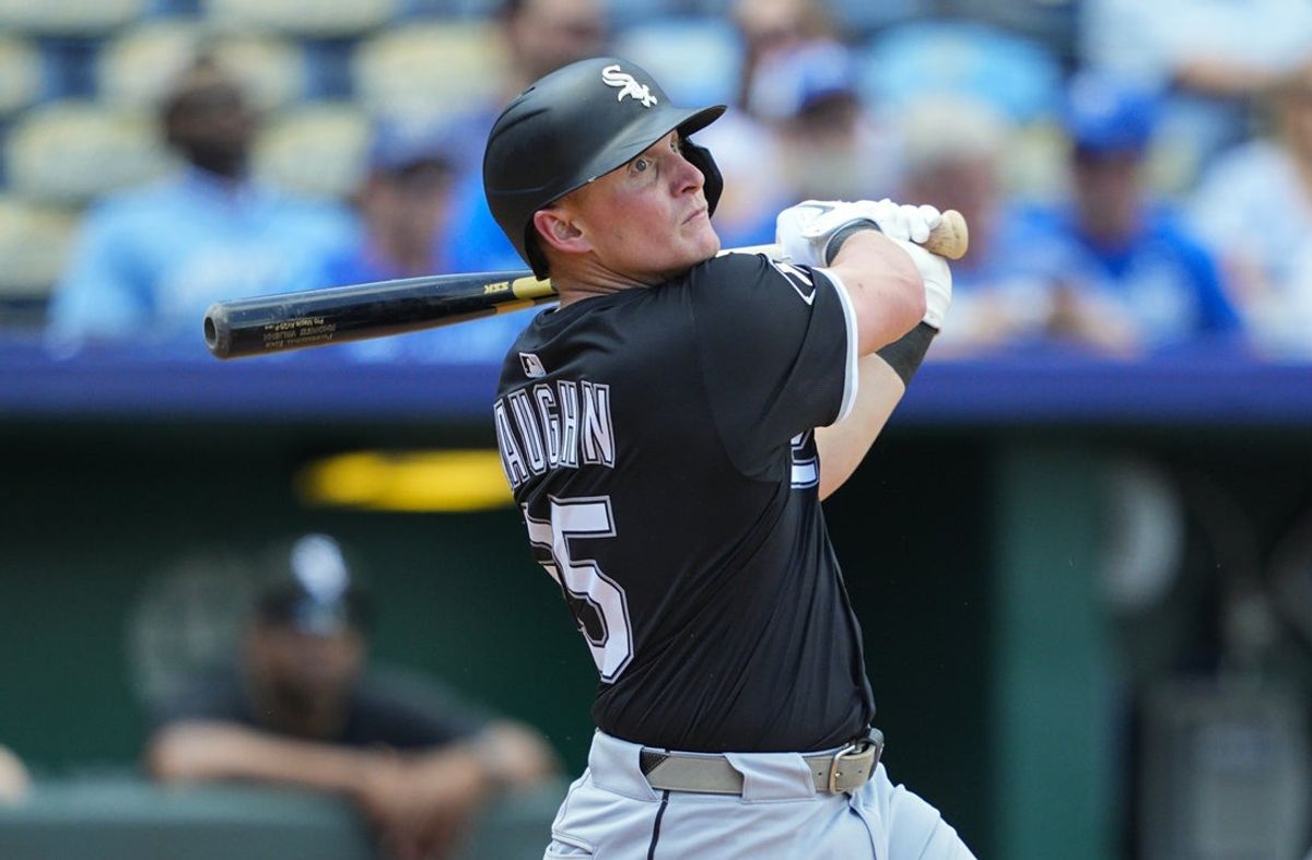 May 8, 2025; Kansas City, Missouri, USA; Chicago White Sox first baseman Andrew Vaughn (25) hits a double during the fifth inning against the Kansas City Royals at Kauffman Stadium. Mandatory Credit: Jay Biggerstaff-Imagn Images