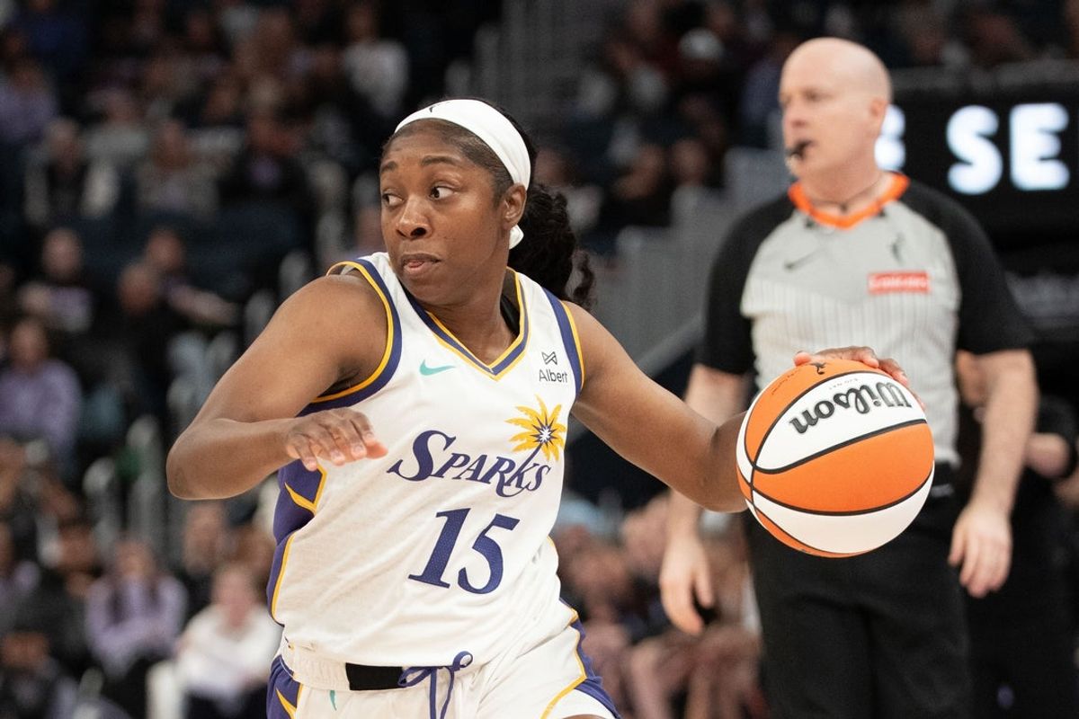 May 6, 2025; San Francisco, CA, USA; Los Angeles Sparks guard Aari McDonald (15) during the third quarter against the Golden State Valkyries at Chase Center. Mandatory Credit: Kyle Terada-Imagn Images
