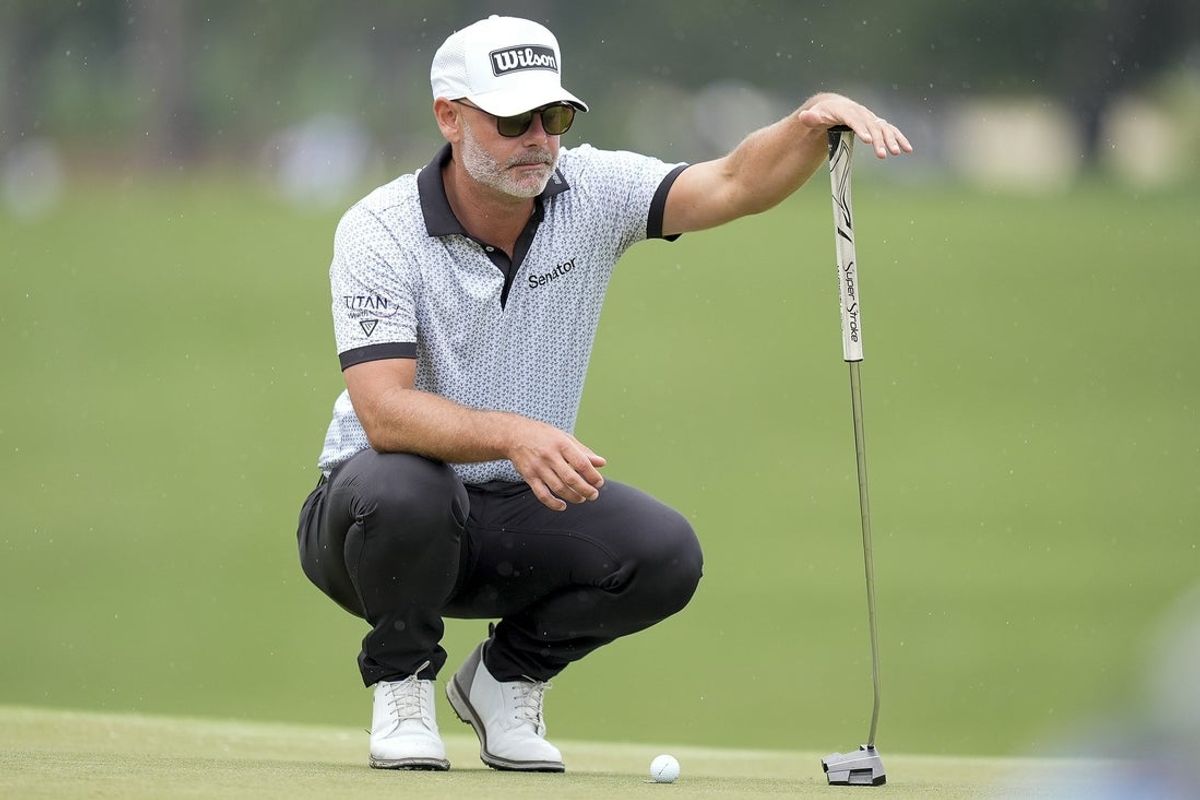 May 8, 2025; Myrtle Beach, South Carolina, USA; Paul Waring looks at the green on seven during the first round of the Myrtle Beach Classic golf tournament. Mandatory Credit: Jim Dedmon-Imagn Images