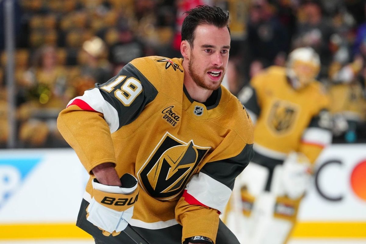 May 8, 2025; Las Vegas, Nevada, USA; Vegas Golden Knights right wing Reilly Smith (19) warms up before Game 2 of the second round of the 2025 Stanley Cup Playoffs against the Edmonton Oilers at T-Mobile Arena. Mandatory Credit: Stephen R. Sylvanie-Imagn Images