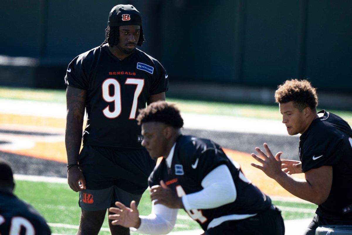 Bengals defensive end Shemar Stewart looks on during the Bengals Rookie Mini Camp on Friday, May 9, 2025 at Paycor Stadium in Cincinnati.