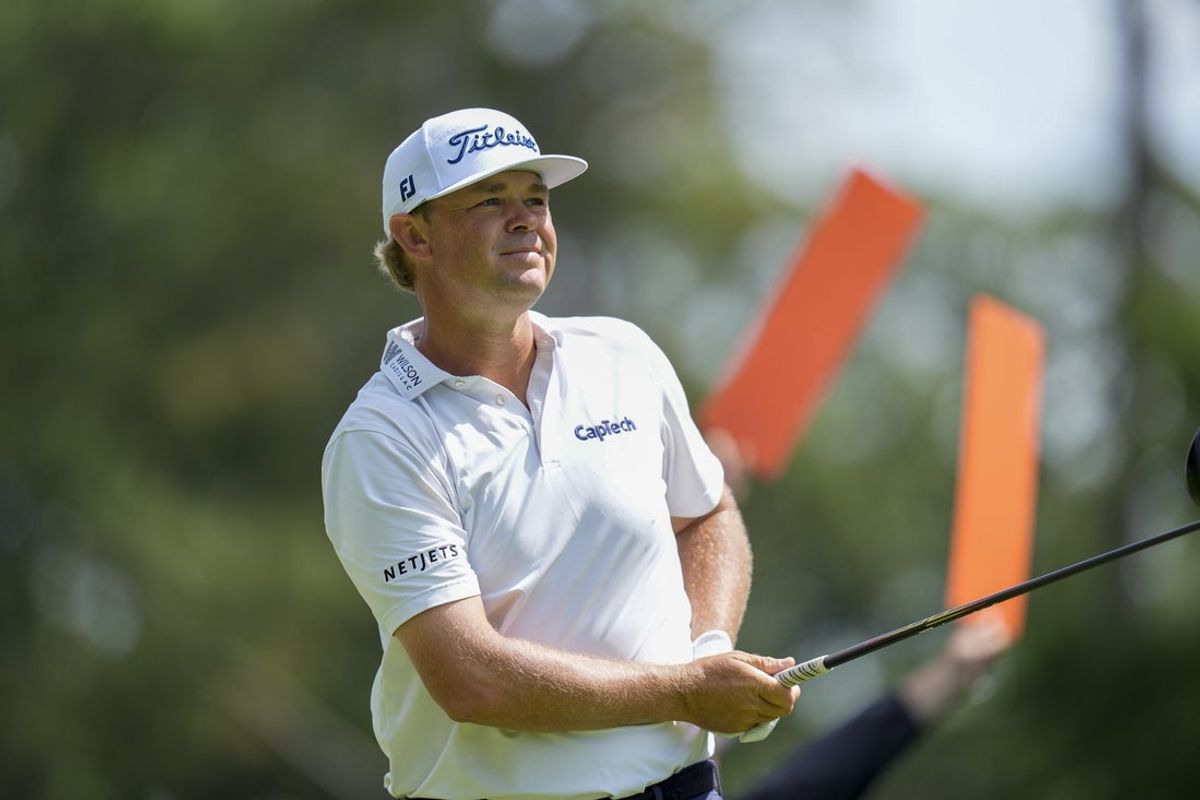 May 9, 2025; Myrtle Beach, South Carolina, USA; Patton Kizzire watches his shot from the eighth tee box during the second round of the Myrtle Beach Classic golf tournament. Mandatory Credit: Jim Dedmon-Imagn Images