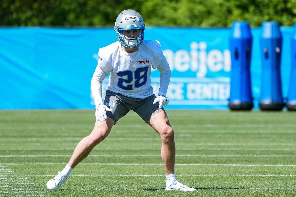 Detroit Lions safety Dan Jackson (28) practices during rookie mini camp at Meijer Performance Center in Allen Park on Friday, May 9, 2025.