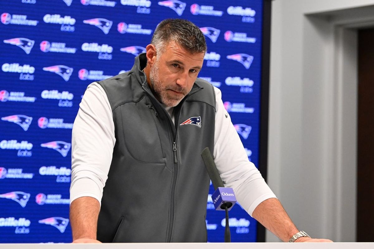 May 9, 2025; Foxborough, MA, USA;  New England Patriots head coach Mike Vrabel speaks the to media during a press conference at Gillette Stadium. Mandatory Credit: Eric Canha-Imagn Images