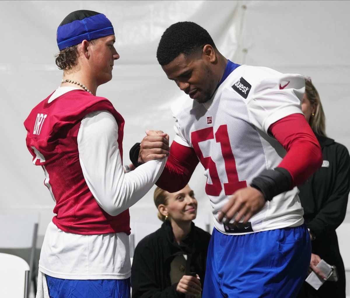 Eat Rutherford, NJ -- May 9, 2025 -- Jaxson Dart with Abdul Carter after Carter spoke to the media following practice at Giants Rookie Minicamp.