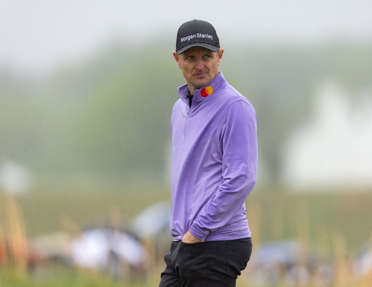 May 9, 2025; Philadelphia, Pennsylvania, USA; Justin Rose looks on by the 18th hole during the second round of the Truist Championship golf tournament. Mandatory Credit: Bill Streicher-Imagn Images