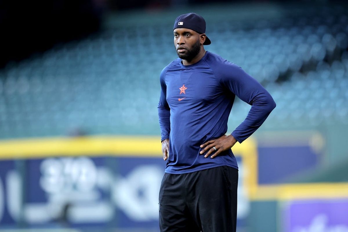 May 9, 2025; Houston, Texas, USA; Houston Astros designated hitter Yordan Alvarez (44) prior to the game against the Cincinnati Reds at Daikin Park. Mandatory Credit: Erik Williams-Imagn Images