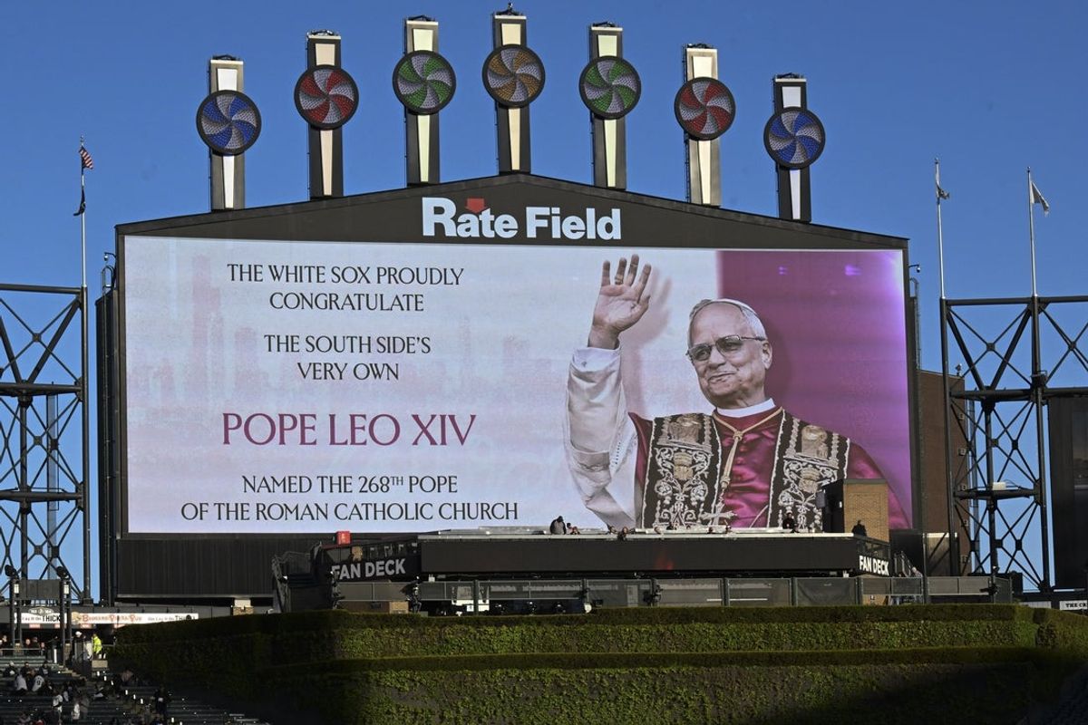 May 9, 2025; Chicago, Illinois, USA;  The Chicago White Sox displayed a scoreboard announcement of Pope Leo XIV before the game against the Miami Marlins at Rate Field. Mandatory Credit: Matt Marton-Imagn Images