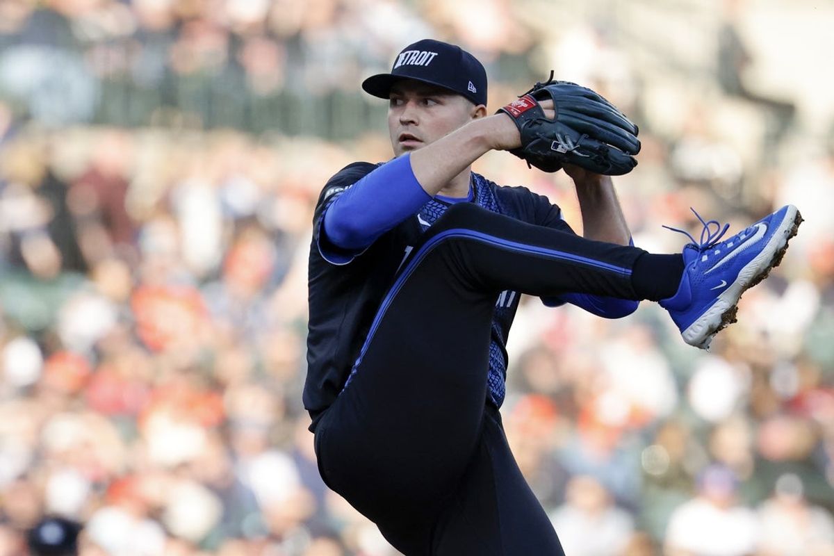 May 9, 2025; Detroit, Michigan, USA;  Detroit Tigers starting pitcher Tarik Skubal (29) pitches in the third inning against the Texas Rangers at Comerica Park. Mandatory Credit: Rick Osentoski-Imagn Images