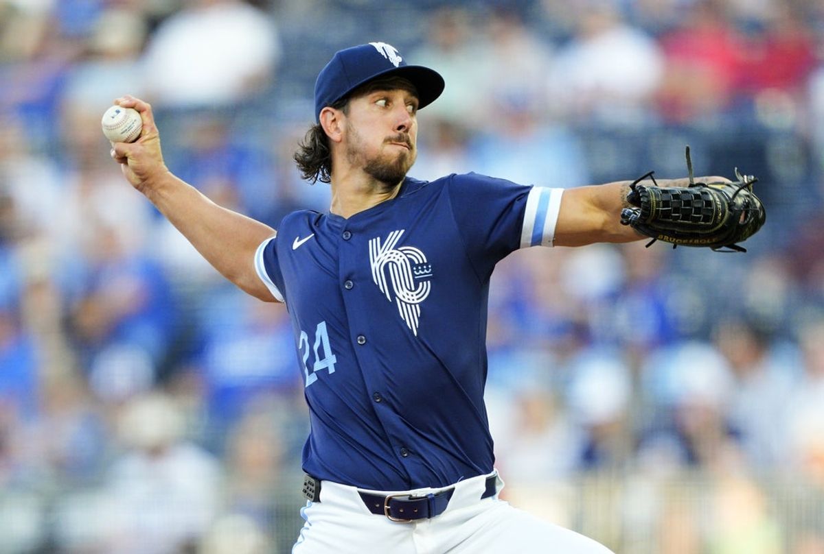 May 9, 2025; Kansas City, Missouri, USA; Kansas City Royals starting pitcher Michael Lorenzen (24) pitches during the first inning against the Boston Red Sox at Kauffman Stadium. Mandatory Credit: Jay Biggerstaff-Imagn Images