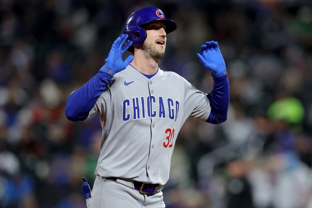 May 9, 2025; New York City, New York, USA; Chicago Cubs right fielder Kyle Tucker (30) reacts as he rounds the bases after hitting a solo home run against the New York Mets during the fourth inning at Citi Field. Mandatory Credit: Brad Penner-Imagn Images
