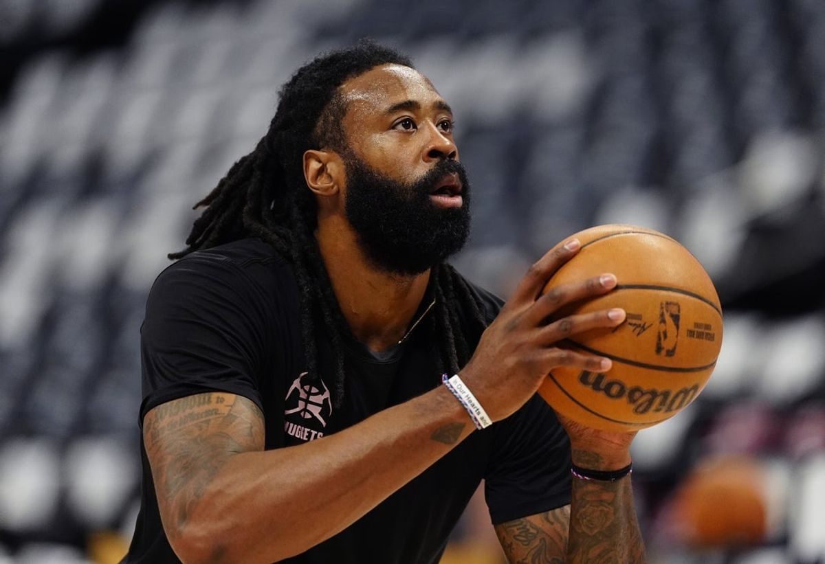 May 9, 2025; Denver, Colorado, USA; Denver Nuggets center DeAndre Jordan (6) before the game against the Oklahoma City Thunder during game three of the second round for the 2025 NBA Playoffs at Ball Arena. Mandatory Credit: Ron Chenoy-Imagn Images