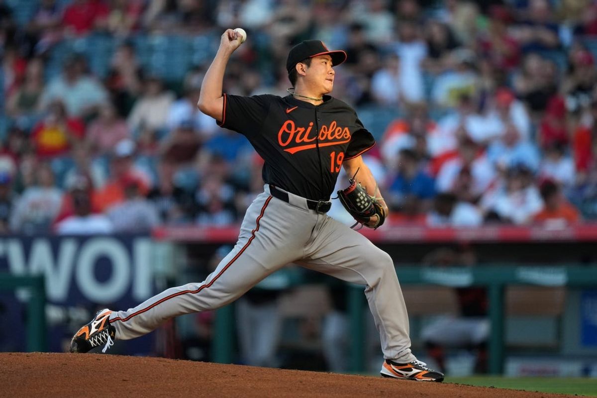 May 9, 2025; Anaheim, California, USA; Baltimore Orioles starting pitcher Tomoyuki Sugano (19) throws in the first inning against the Los Angeles Angels at Angel Stadium. Mandatory Credit: Kirby Lee-Imagn Images