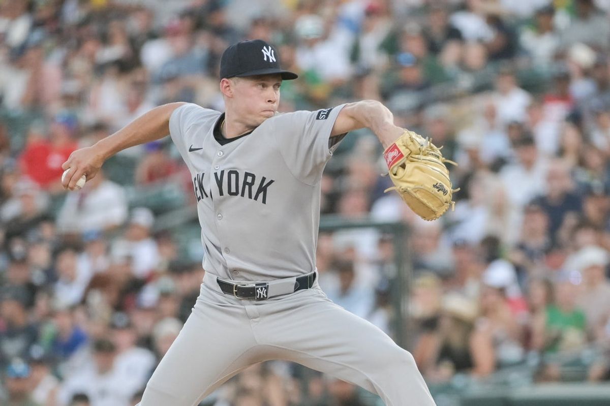 May 9, 2025; West Sacramento, California, USA; New York Yankees pitcher Will Warren (98) throws a pitch against the Athletics during the first inning at Sutter Health Park. Mandatory Credit: Ed Szczepanski-Imagn Images