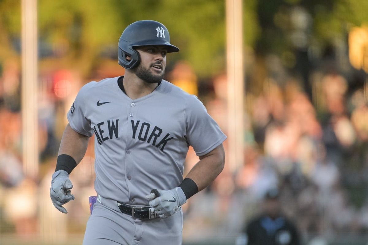 May 9, 2025; West Sacramento, California, USA; New York Yankees outfielder Jasson Dominguez (24) rounds the bases after hitting a home run against the Athletics during the third inning at Sutter Health Park. Mandatory Credit: Ed Szczepanski-Imagn Images