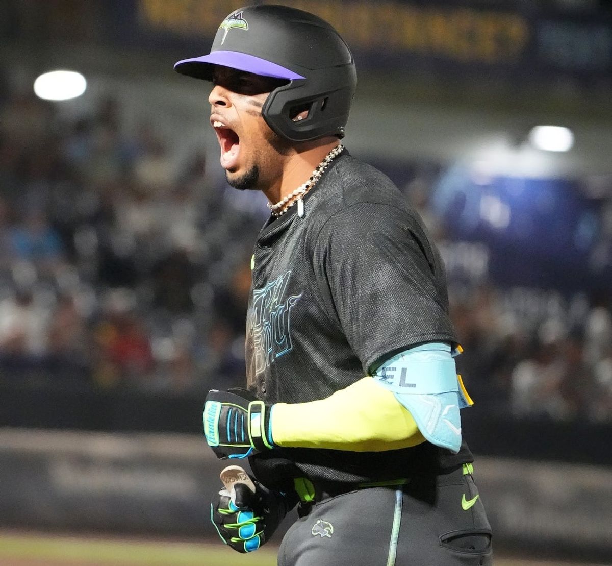 May 9, 2025; Tampa, Florida, USA; Tampa Bay Rays outfielder Christopher Morel (24) reacts after hitting a single against the Milwaukee Brewers during the eighth inning at George M. Steinbrenner Field. Mandatory Credit: Dave Nelson-Imagn Images