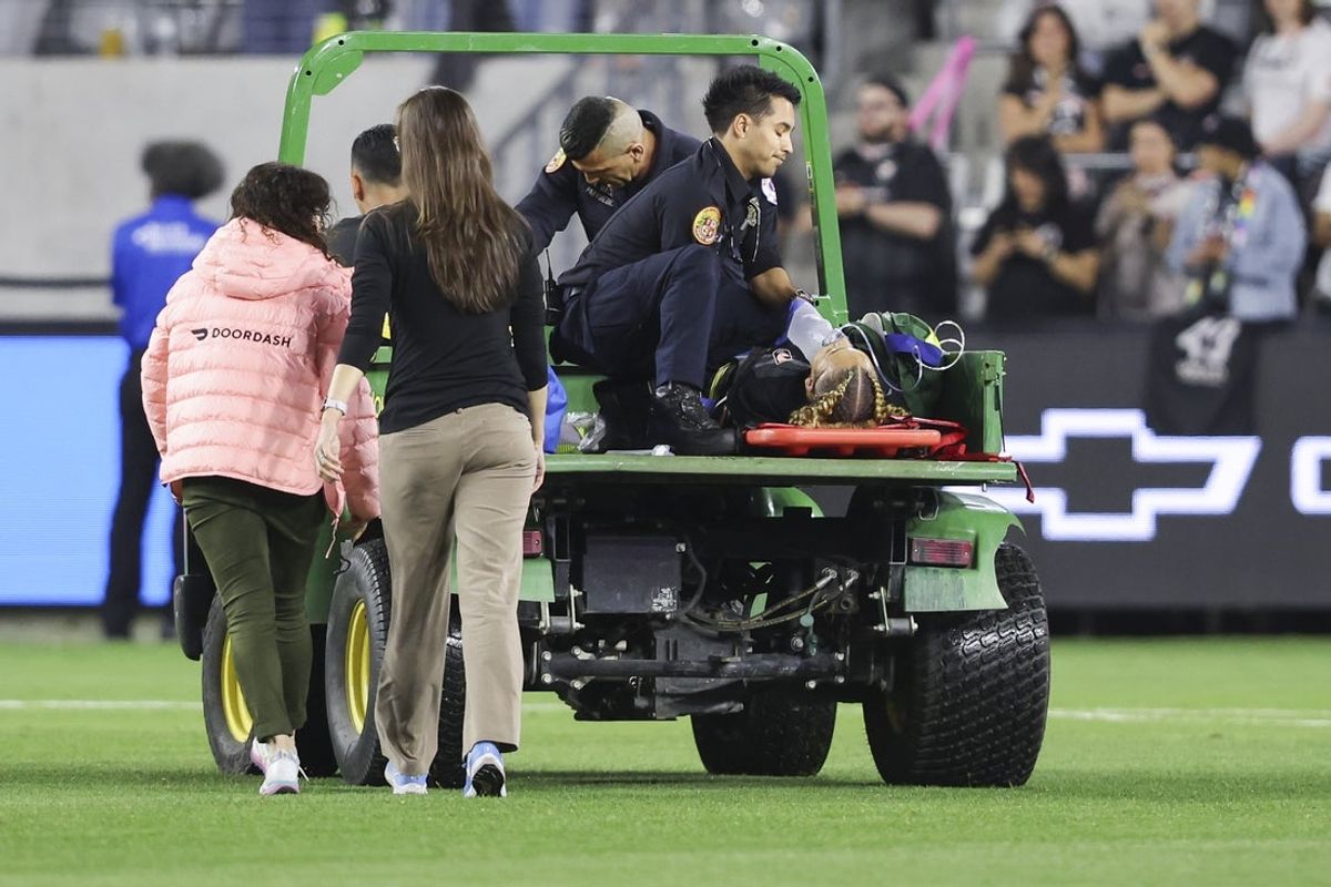 May 9, 2025; Los Angeles, California, USA; Medical staff attend to Angel City FC defender Savy King (3) as she exits the game on a cart during the second half of a soccer game against the Utah Royals at BMO Stadium. Mandatory Credit: Jessica Alcheh-Imagn Images