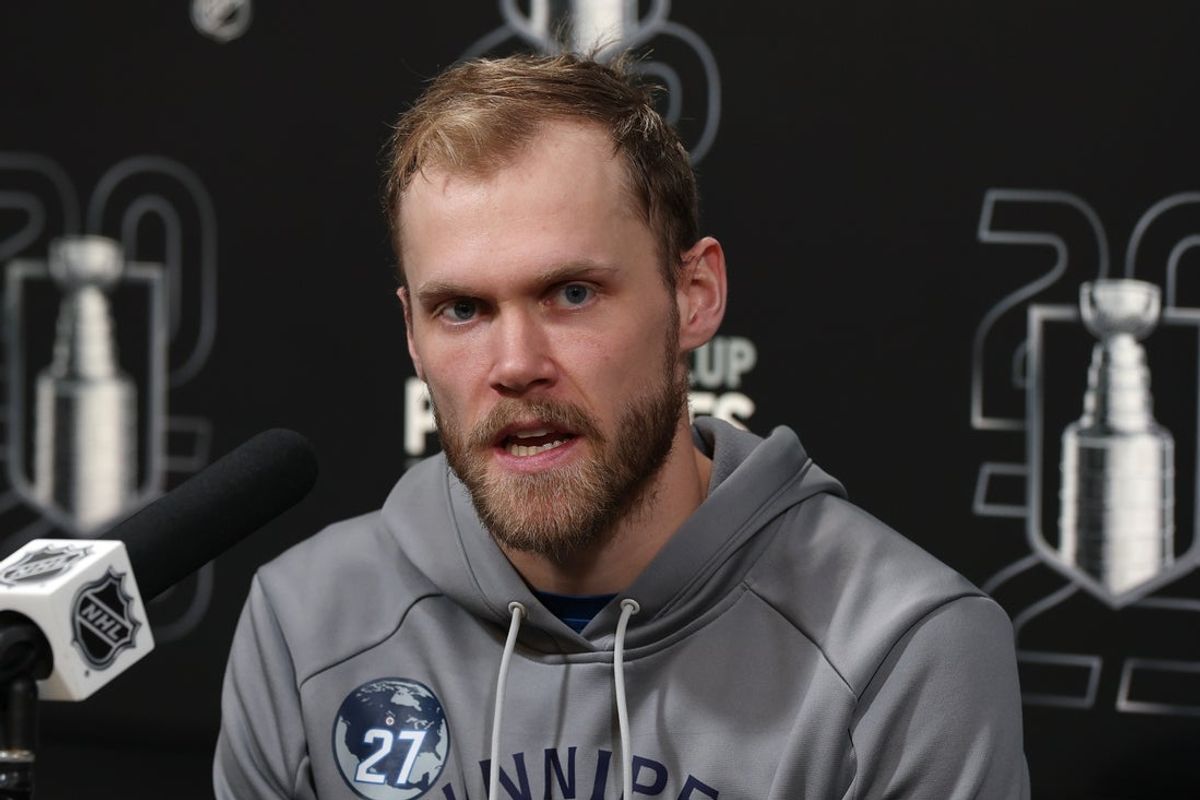 May 9, 2025; Winnipeg, Manitoba, CAN; Winnipeg Jets left wing Nikolaj Ehlers (27) talks to media after their victory over the Dallas Stars in game two of the second round of the 2025 Stanley Cup Playoffs at Canada Life Centre. Mandatory Credit: James Carey Lauder-Imagn Images