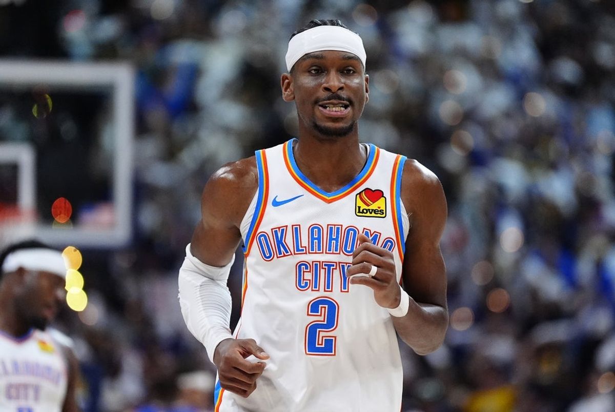 May 9, 2025; Denver, Colorado, USA; Oklahoma City Thunder guard Shai Gilgeous-Alexander (2) during the second half against the Denver Nuggets during game three of the second round for the 2025 NBA Playoffs at Ball Arena. Mandatory Credit: Ron Chenoy-Imagn Images