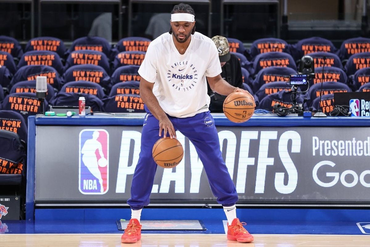 May 10, 2025; New York, New York, USA; New York Knicks forward Precious Achiuwa (5) warms up prior to game three of the second round for the 2025 NBA Playoffs against the Boston Celtics at Madison Square Garden. Mandatory Credit: Wendell Cruz-Imagn Images