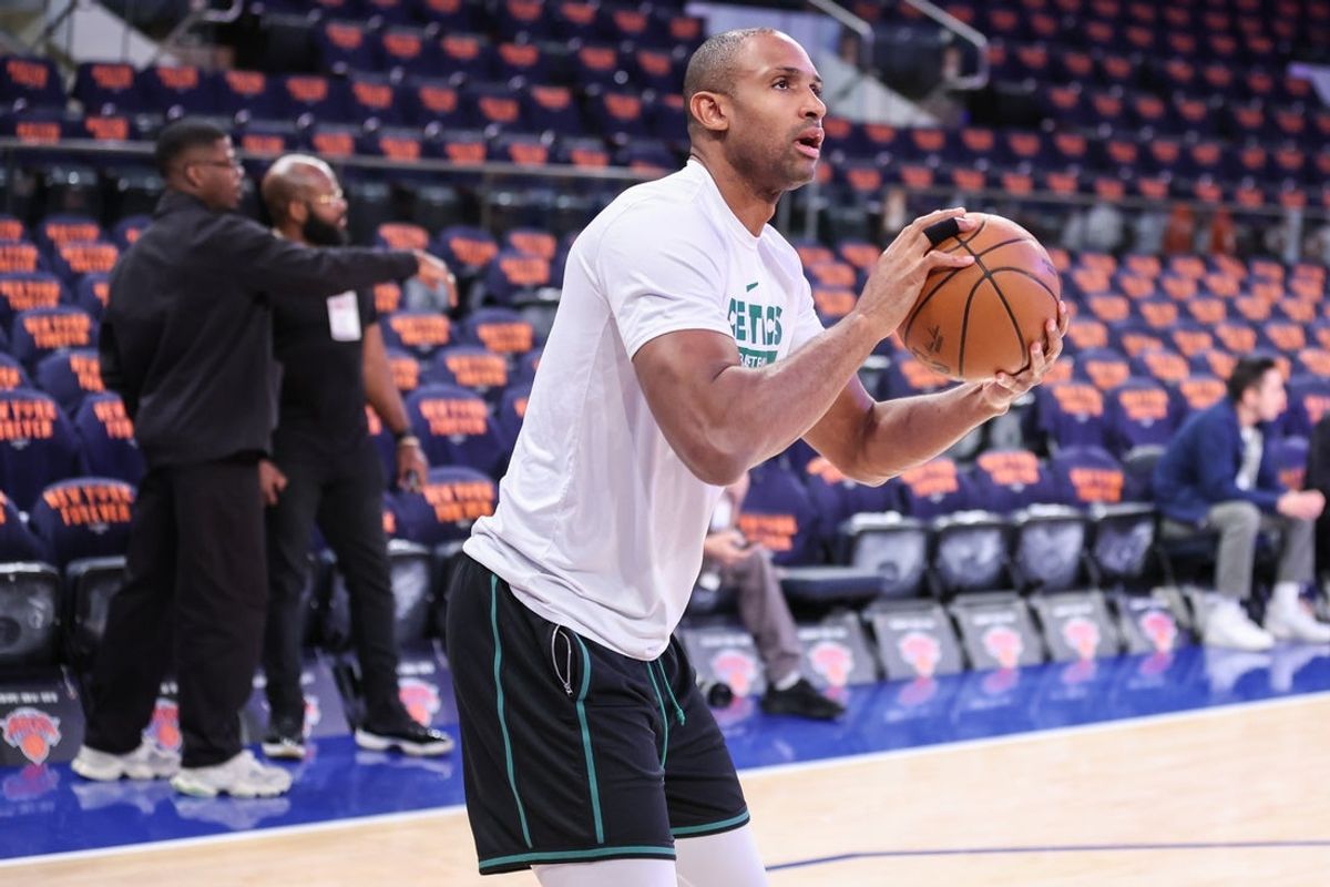 May 10, 2025; New York, New York, USA; Boston Celtics center Al Horford (42) warms up prior to game three of the second round for the 2025 NBA Playoffs against the New York Knicks at Madison Square Garden. Mandatory Credit: Wendell Cruz-Imagn Images
