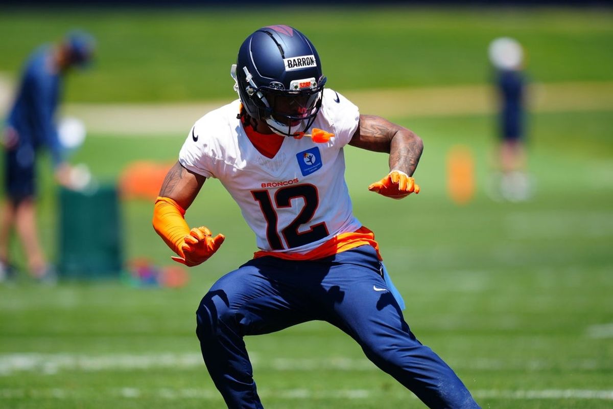 May 10, 2025; Englewood, CO, USA; Denver Broncos cornerback Jahdae Barron (12) during rookie minicamp at Broncos Park Powered by CommonSpirit. Mandatory Credit: Ron Chenoy-Imagn Images