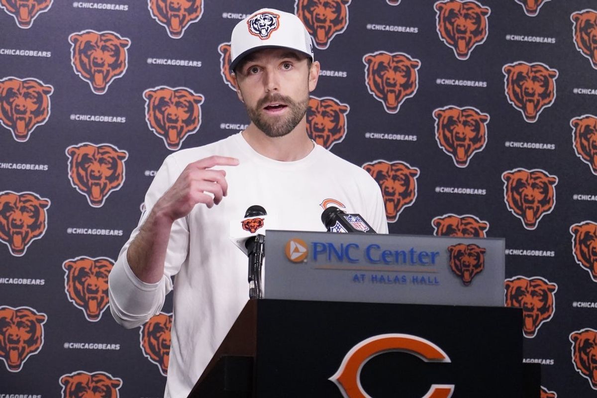 May 10, 2025; Lake Forest, IL, USA; Chicago Bears offensive coordinator Declan Doyle answers questions after rookie minicamp at Halas Hall. Mandatory Credit: David Banks-Imagn Images