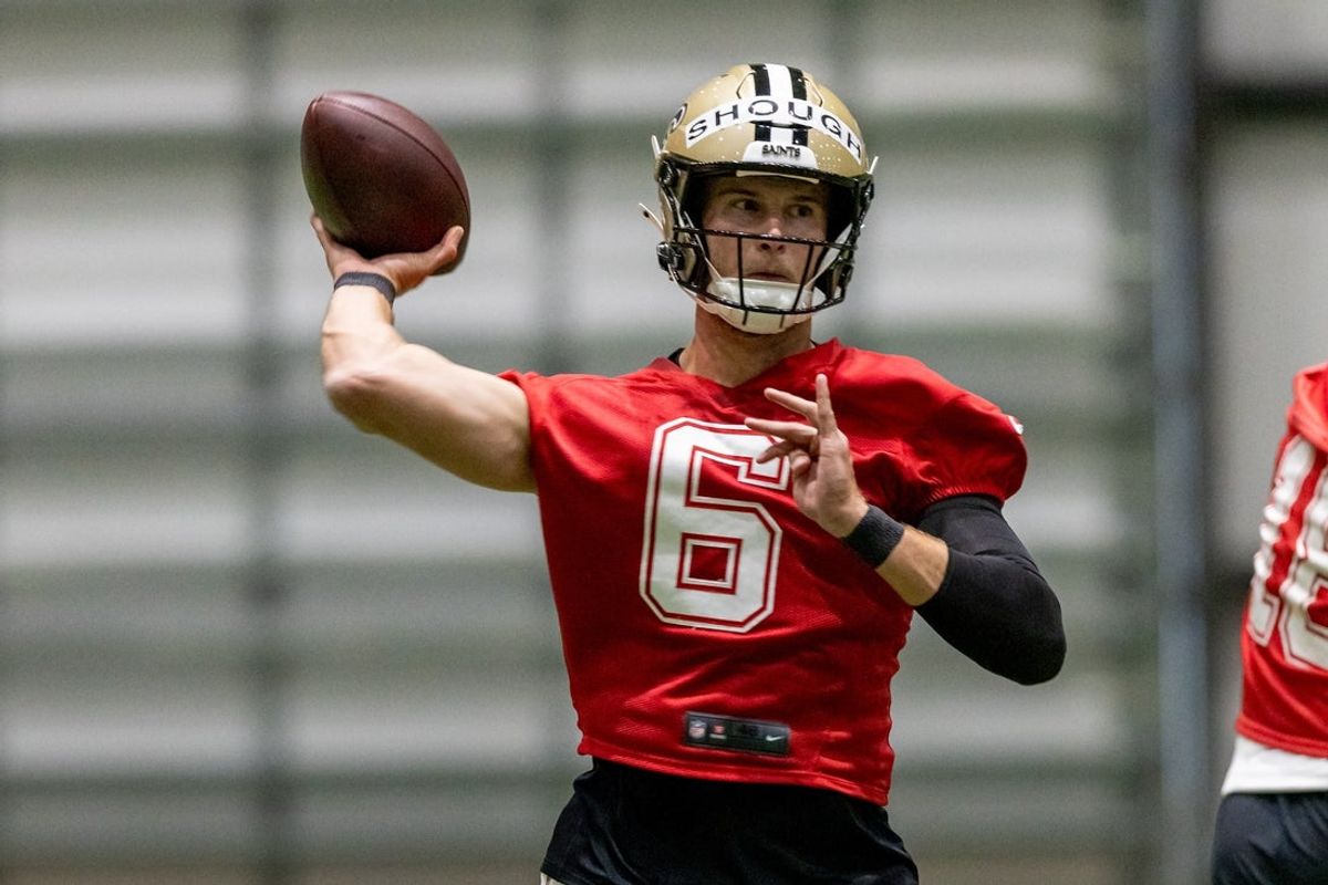 May 10, 2025; New Orleans, LA, USA;  New Orleans Saints quarterback Tyler Shough (6) during rookie minicamp at Ochsner Sports Performance Center. Mandatory Credit: Stephen Lew-Imagn Images