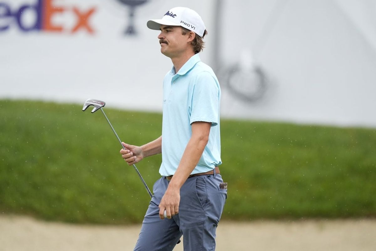 May 10, 2025; Myrtle Beach, South Carolina, USA; Carson Young reacts to his putt for par on 18 during the third round of the Myrtle Beach Classic golf tournament. Mandatory Credit: Jim Dedmon-Imagn Images