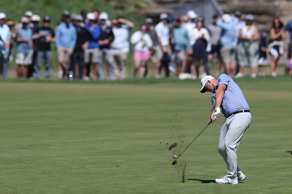 May 10, 2025; Philadelphia, Pennsylvania, USA; Sepp Straka hits a shot on the fourth hole during the third round of the Truist Championship golf tournament. Mandatory Credit: Bill Streicher-Imagn Images