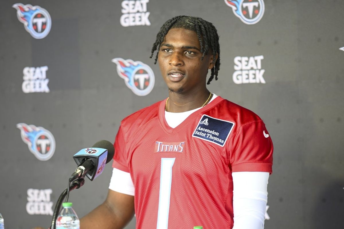 May 10, 2025; Nashville, TN, USA;  Tennessee Titans quarterback Cam Ward (1) talks with reporters after his first day of rookie mini camp  at Saint Thomas Sports Park. Mandatory Credit: Steve Roberts-Imagn Images