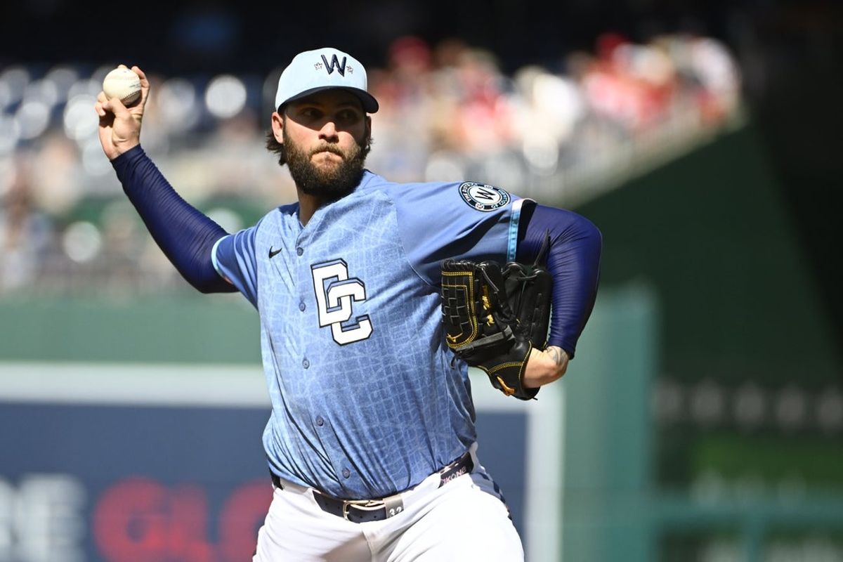 May 10, 2025; Washington, District of Columbia, USA; Washington Nationals starting pitcher Trevor Williams (32) throws to the St. Louis Cardinals during the first inning at Nationals Park. Mandatory Credit: Brad Mills-Imagn Images