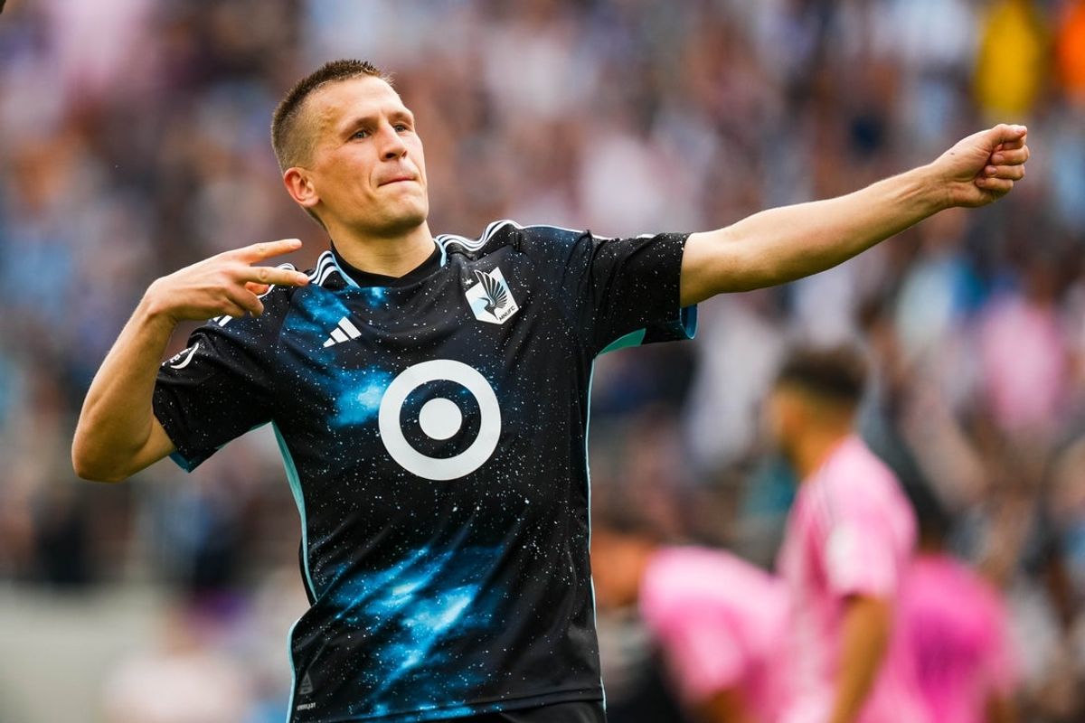 May 10, 2025; Saint Paul, Minnesota, USA; Minnesota United midfielder Robin Lod (17) celebrates his goal during the second half against Inter Miami at Allianz Field. Mandatory Credit: Brace Hemmelgarn-Imagn Images