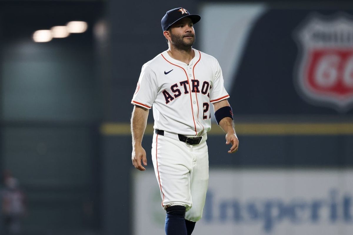 May 10, 2025; Houston, Texas, USA; Houston Astros second baseman Jose Altuve (27) walks on the field before the game against the Cincinnati Reds at Daikin Park. Mandatory Credit: Troy Taormina-Imagn Images