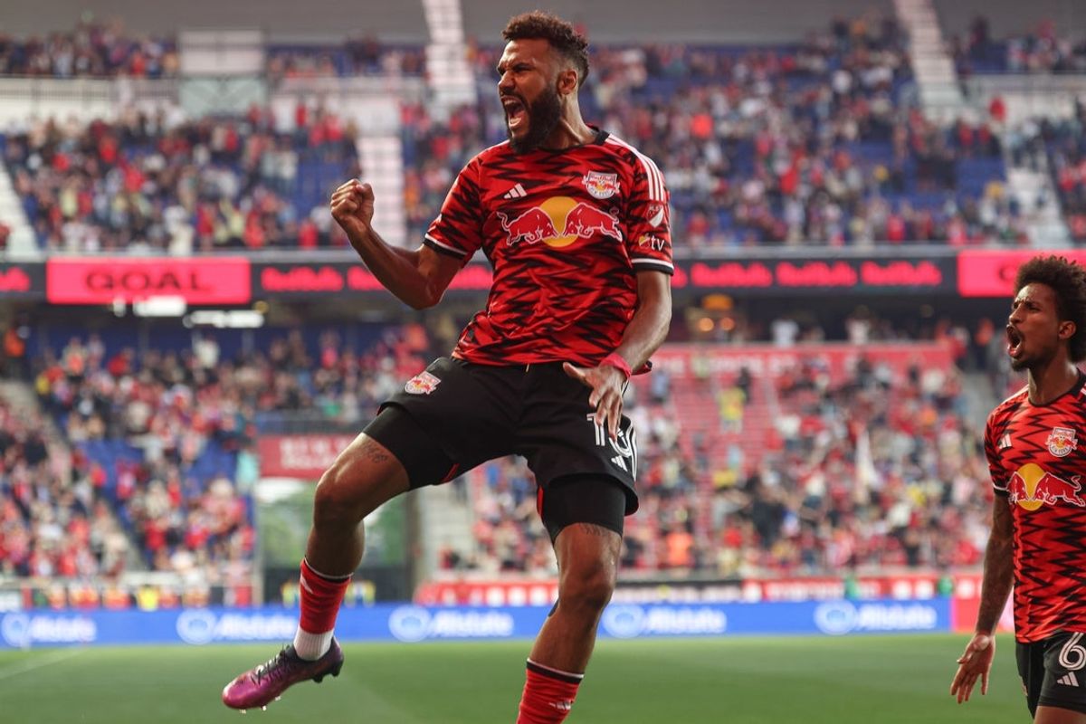 May 10, 2025; Harrison, New Jersey, USA; New York Red Bulls forward Eric Maxim Choupo-Moting (13) celebrates his goal during the first half against the LA Galaxy at Sports Illustrated Stadium. Mandatory Credit: Vincent Carchietta-Imagn Images