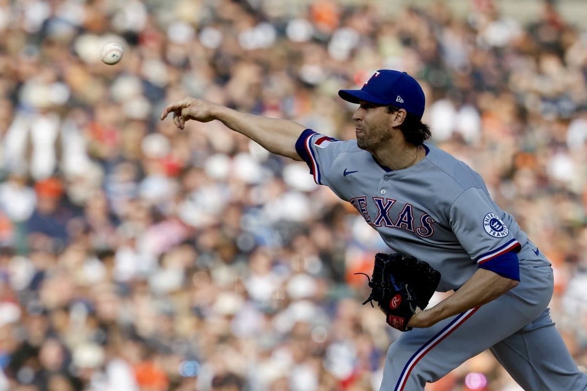 May 10, 2025; Detroit, Michigan, USA;  Texas Rangers starting pitcher Jacob deGrom (48) pitches in the first inning against the Detroit Tigers at Comerica Park. Mandatory Credit: Rick Osentoski-Imagn Images