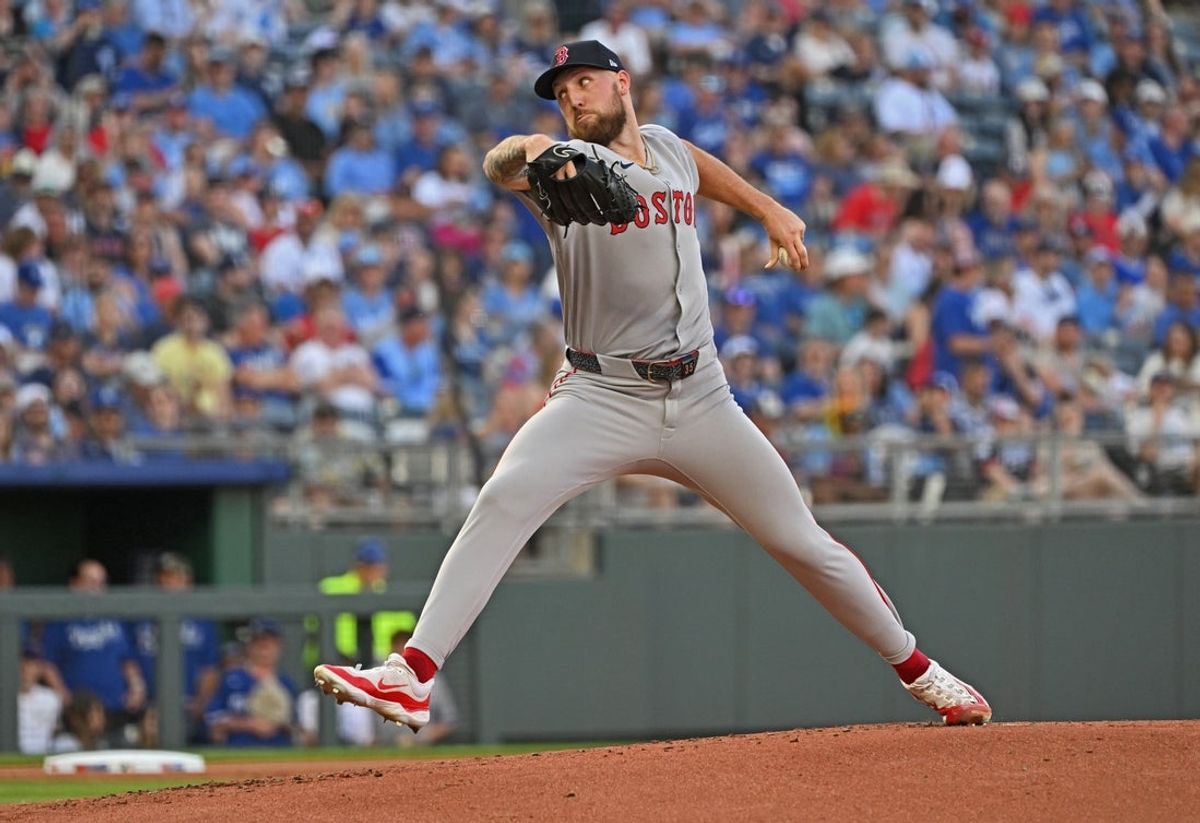 May 10, 2025; Kansas City, Missouri, USA;  Boston Red Sox starting pitcher Garrett Crochet (35) throws a pitch in the first inning against the Kansas City Royals at Kauffman Stadium. Mandatory Credit: Peter Aiken-Imagn Images