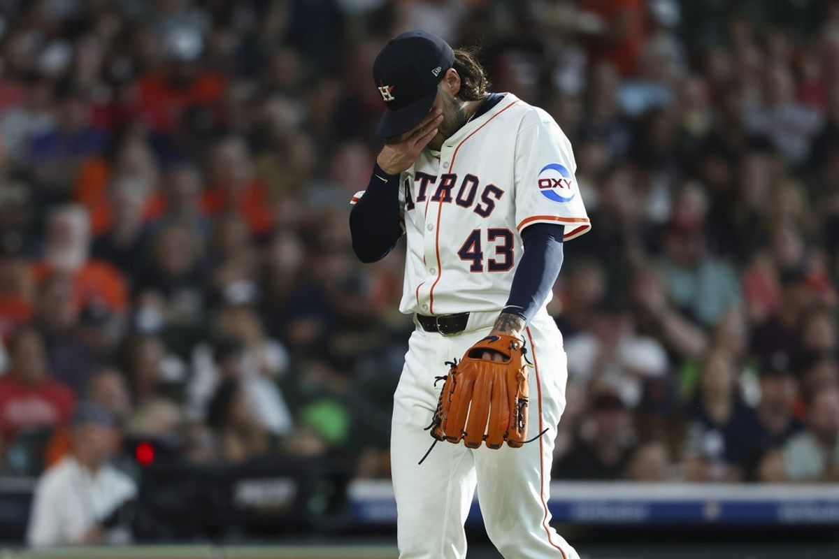 May 10, 2025; Houston, Texas, USA; Houston Astros starting pitcher Lance McCullers Jr. (43) reacts after a pitch during the first inning against the Cincinnati Reds at Daikin Park. Mandatory Credit: Troy Taormina-Imagn Images