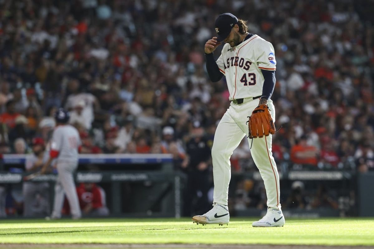 May 10, 2025; Houston, Texas, USA; Houston Astros starting pitcher Lance McCullers Jr. (43) walks off the mound after a pitching change during the first inning against the Cincinnati Reds at Daikin Park. Mandatory Credit: Troy Taormina-Imagn Images