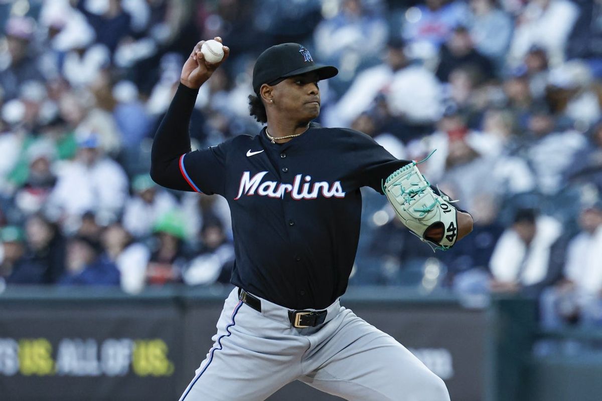 May 10, 2025; Chicago, Illinois, USA; Miami Marlins starting pitcher Edward Cabrera (27) delivers a pitch against the Chicago White Sox during the first inning at Rate Field. Mandatory Credit: Kamil Krzaczynski-Imagn Images