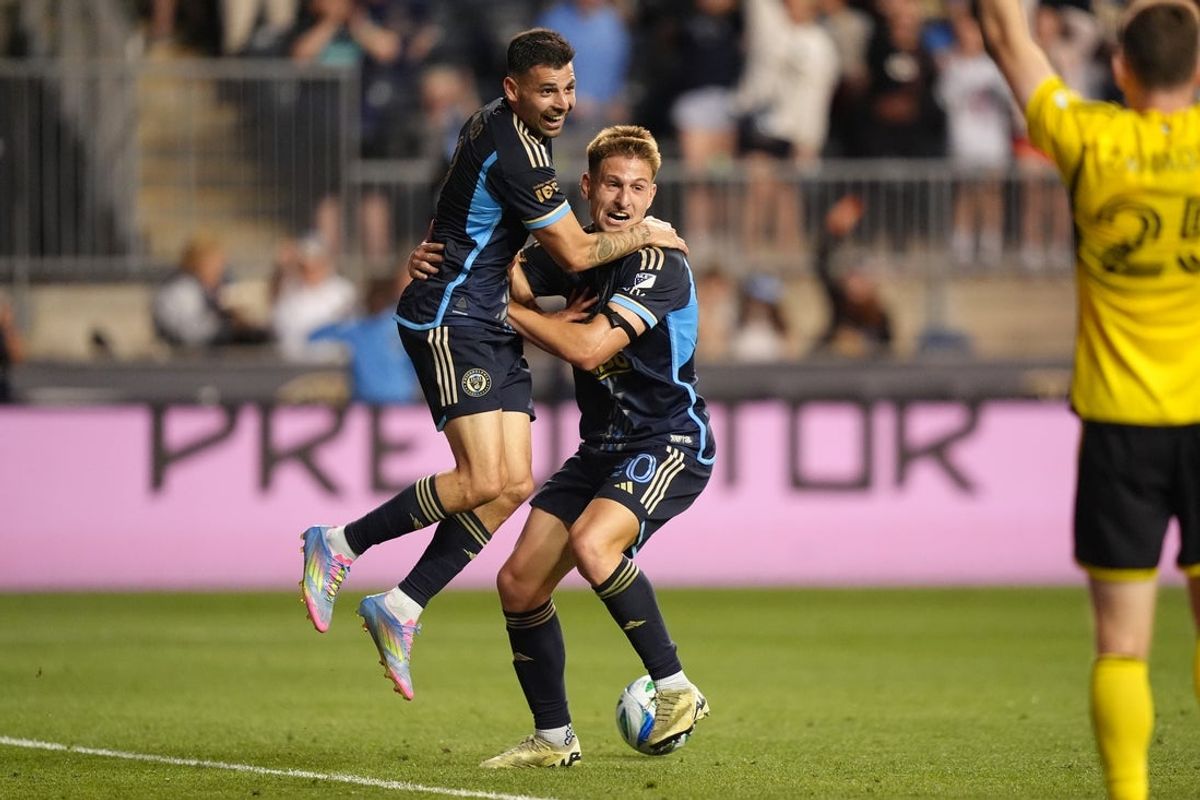 May 10, 2025; Chester, Pennsylvania, USA; Philadelphia Union forward Tai Baribo (9) celebrates with forward Bruno Damiani (20) after scoring a goal against the Columbus Crew in the first half at Subaru Park. Mandatory Credit: Kyle Ross-Imagn Images